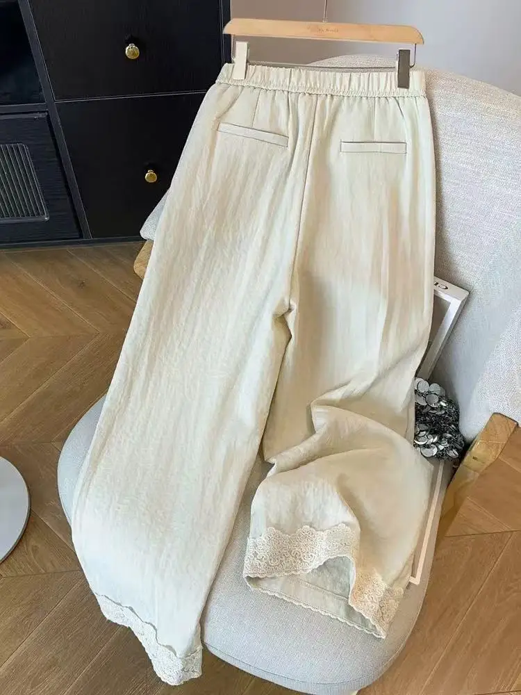 

Женские летние тонкие брюки с высокой талией из хлопка и льна, широкие, прямые, с кружевными вставками, повседневные, маленькие размеры, новинка