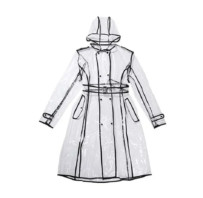 Waterproof Transparent Plastic Clear Long Ladies Raincoats Women Men Fashion Rain Coat Jackets Hooded with Belt EVA