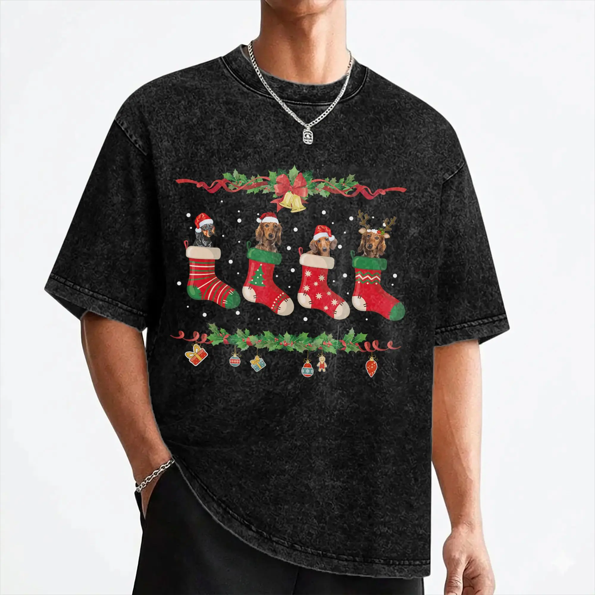 Dachshund Christmas Shirt Stocking Dog Xmas T Shirts Washed Short Sleeve High Street T-Shirts Men Women Streetwear Summer Tees