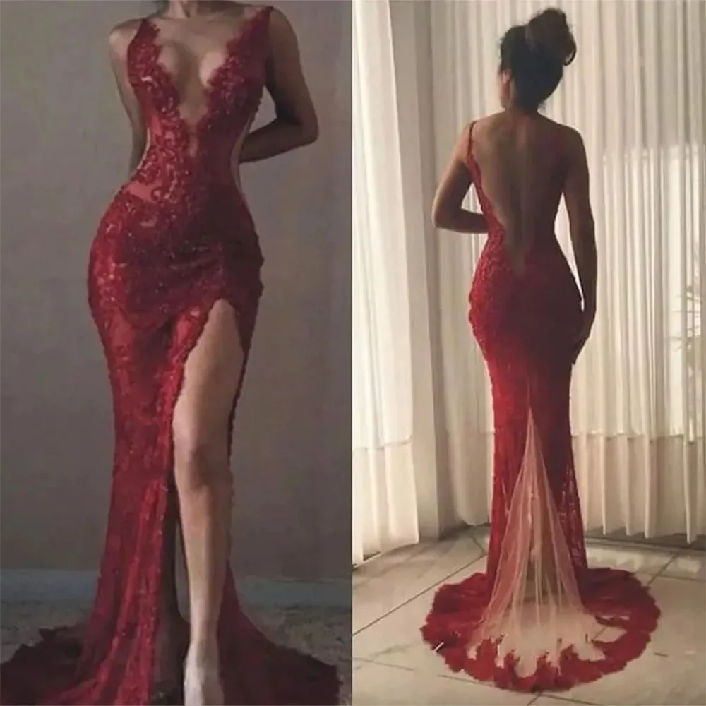 Sexy Red Spaghetti Full Lace Mermaid Prom Dress Vintage Open Back Beaded Formal Evening Gown Long Plus Size Party Bridesmaid