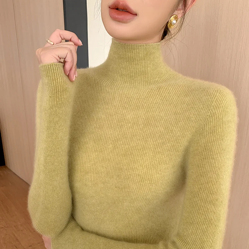 Suéter básico de Cachemira para mujer, jersey de cuello alto de lana merina, suave y delgado tejido de punto, novedad de otoño e invierno, 100%
