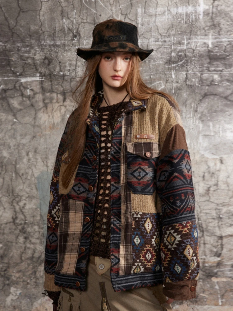 Chaquetas de gran tamaño con busto de 128-140cm para mujer, chaquetas holgadas informales de estilo étnico con empalme Retro americano, abrigos