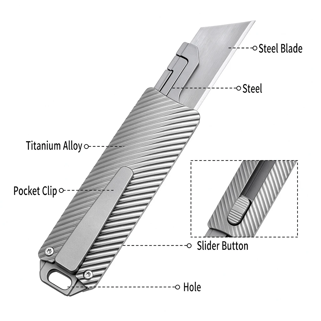 TGZUO Titanium Utility Knife, Retractable Box Cutter, EDC Pocket Knife with 10pcs Quick‑Change Blades