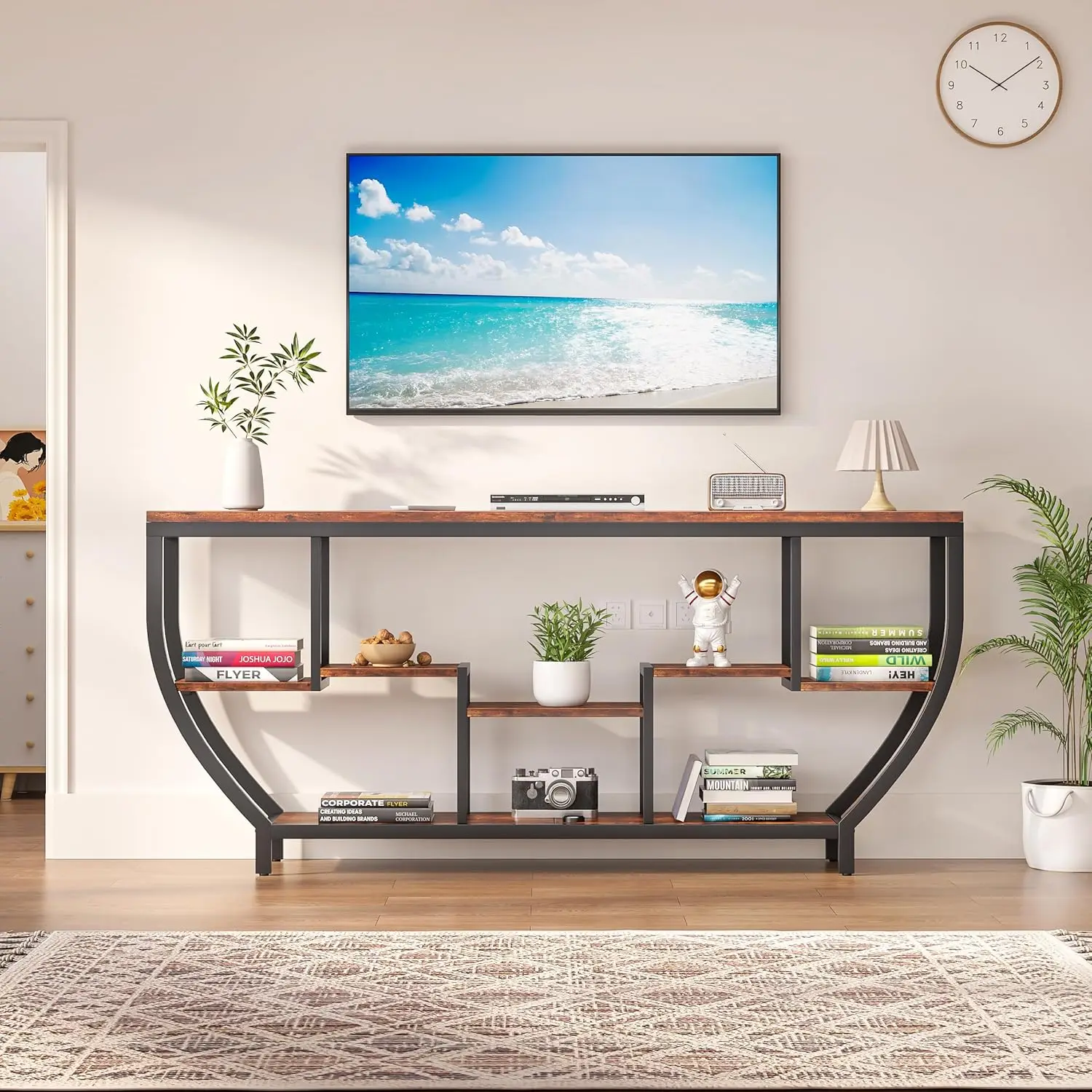 Extra lange consoletafel, metalen frame banktafel met opbergruimte, industriële foyer inkomtafel (bruin)