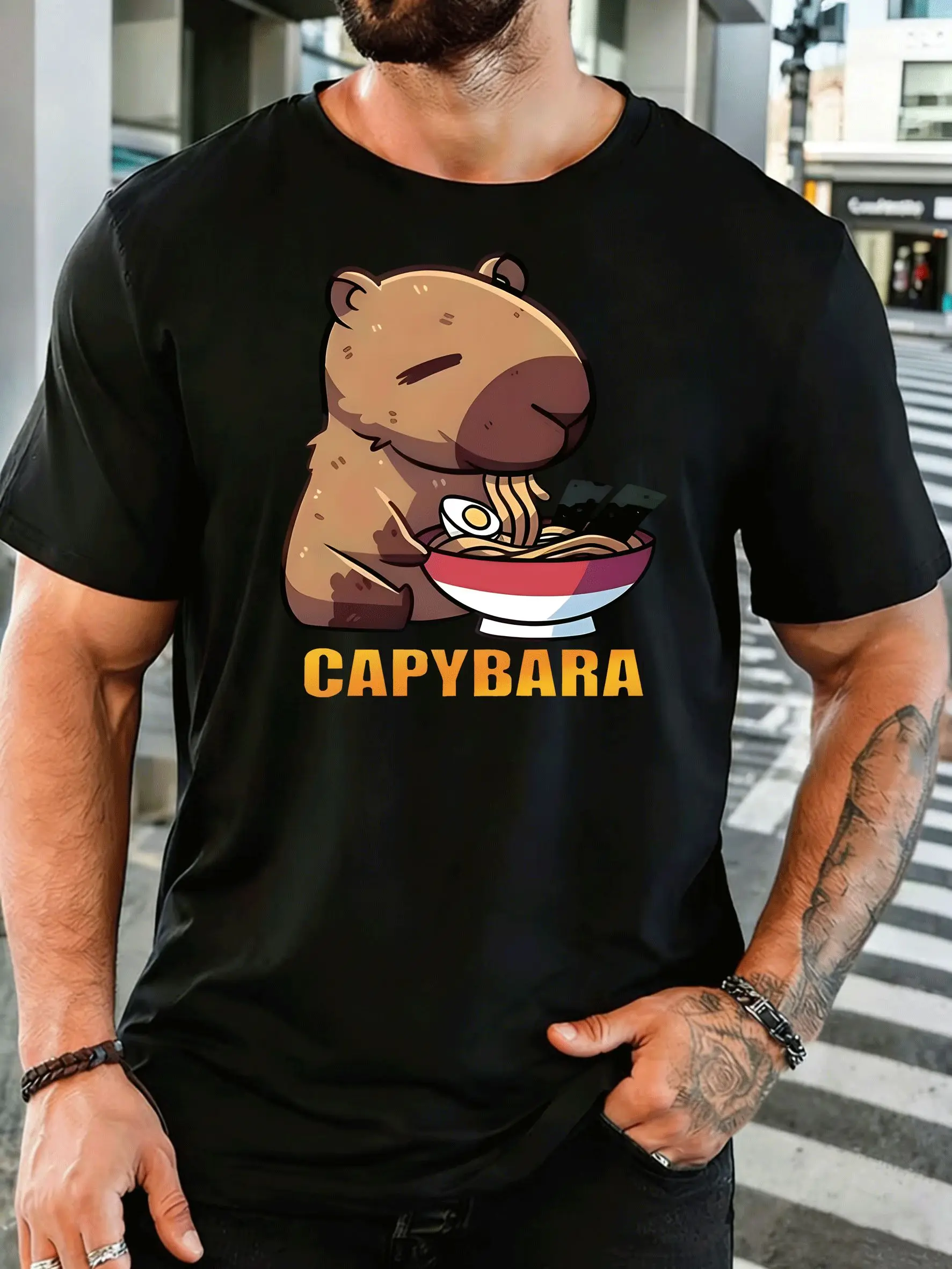 Men Short Sleeve T Shirt Cute Capybara Ramen Graphic Tee Food Print Tops Summer Soft Cotton Casual Street Wear For Adult Male