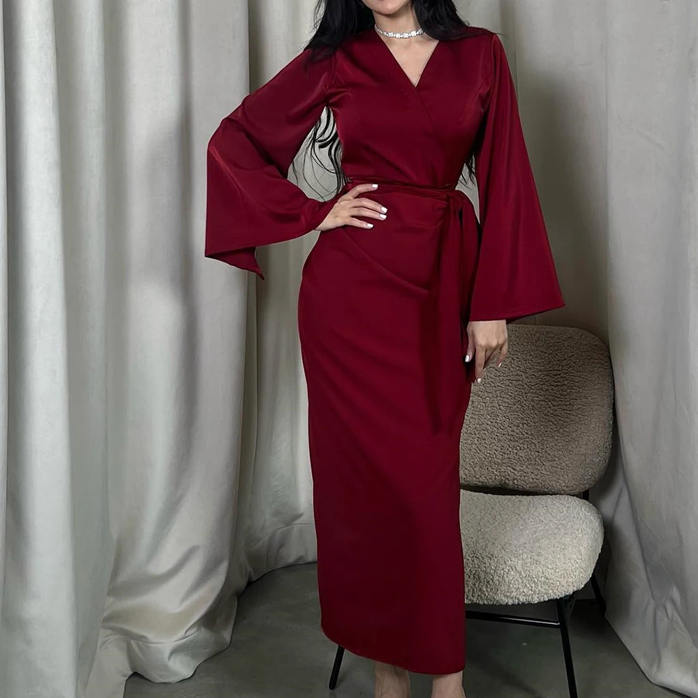 Formal Dubai Evening Caftan Dress Straight V Neck Tea Length Long Sleeves Satin Solid Color Elegant Bespoke Occasion Gowns 2024