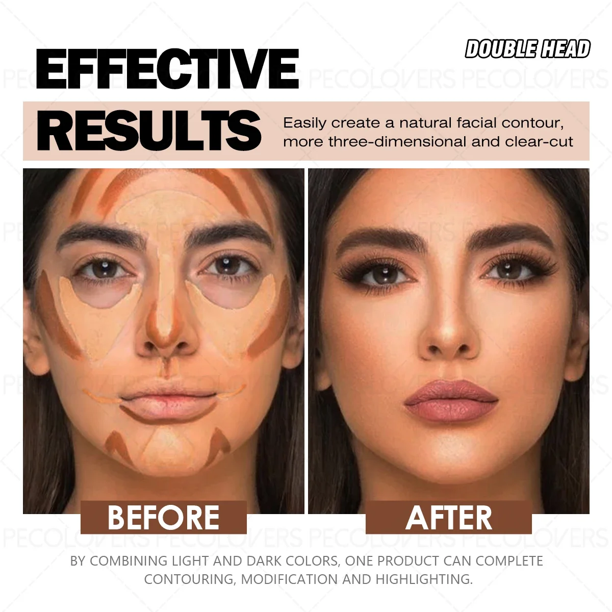 1 pezzo a doppia estremità, tonalità multiple, finitura opaca, copertura totale, setosa, evidenziazione e contorno viso, evidenziatore e stick contorno