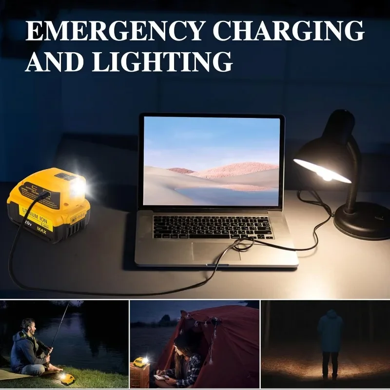 Portable Power Converter USB Adapter with 140lm LED Work Light for Dewalt 18V 20V Li-ion Battery with USB Type-C DC 12V