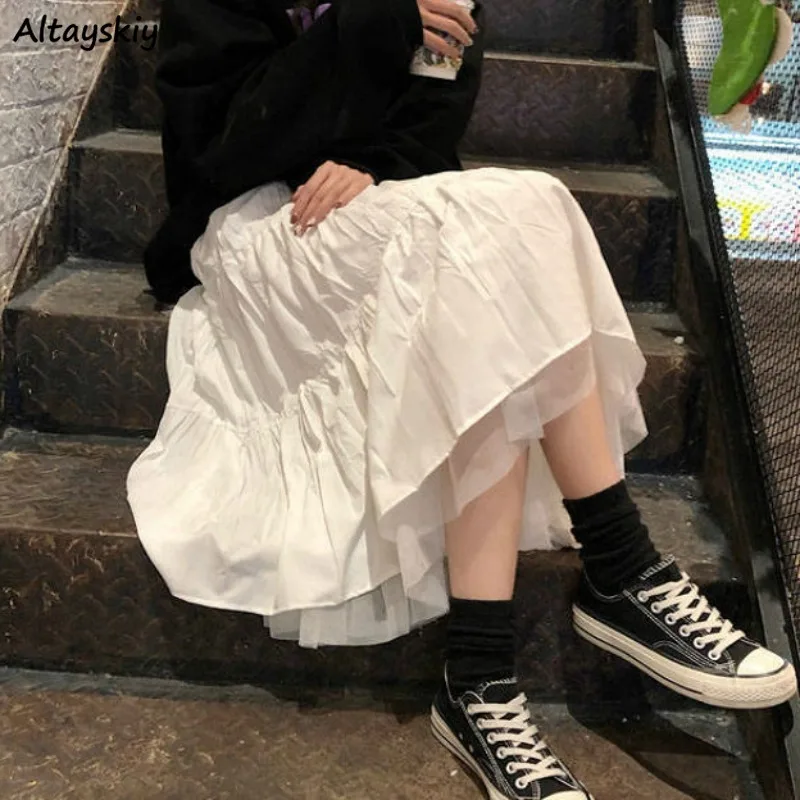 

Korean Style Skirts for Women Thin Summer All-match College Girls Simple Design Popular Ulzzang Fashion Midi Loose High Waist