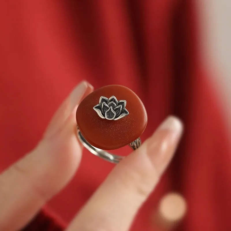 Cincin Lilin Lebah Amber Lotus Perak Murni 925 Cincin Wanita Dapat Disesuaikan Gaya Nasional Sastra Gaya Cina Baru