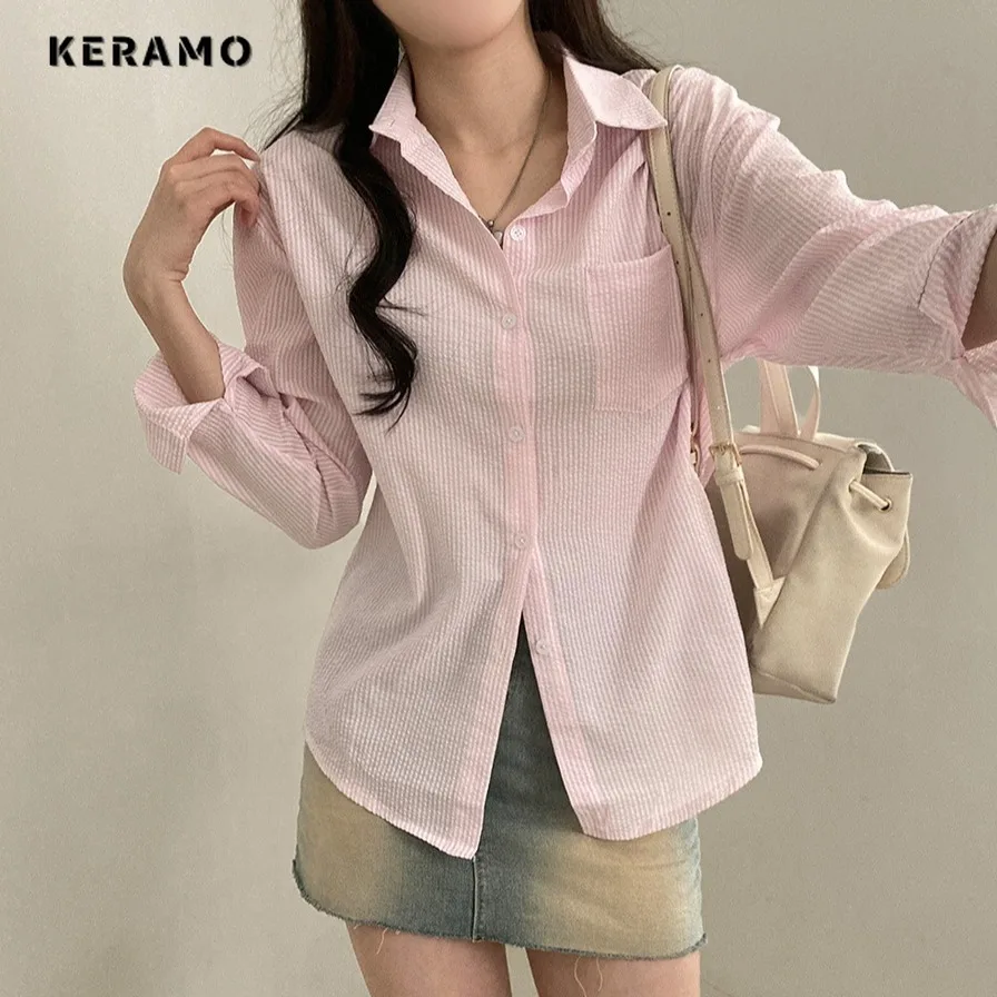 

2025 Summer Sweet Turn Down Collar Long Sleeve Shirt Women Causal Elegant Soft Blouses Chic Single Breasted Chiffon Tees Top