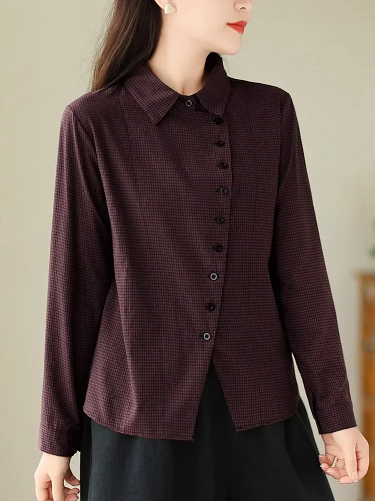 QWFR femmes à manches longues chemise décontractée nouveauté 2023 Style Vintage motif à carreaux tout-match ample femme couverture en coton chemises