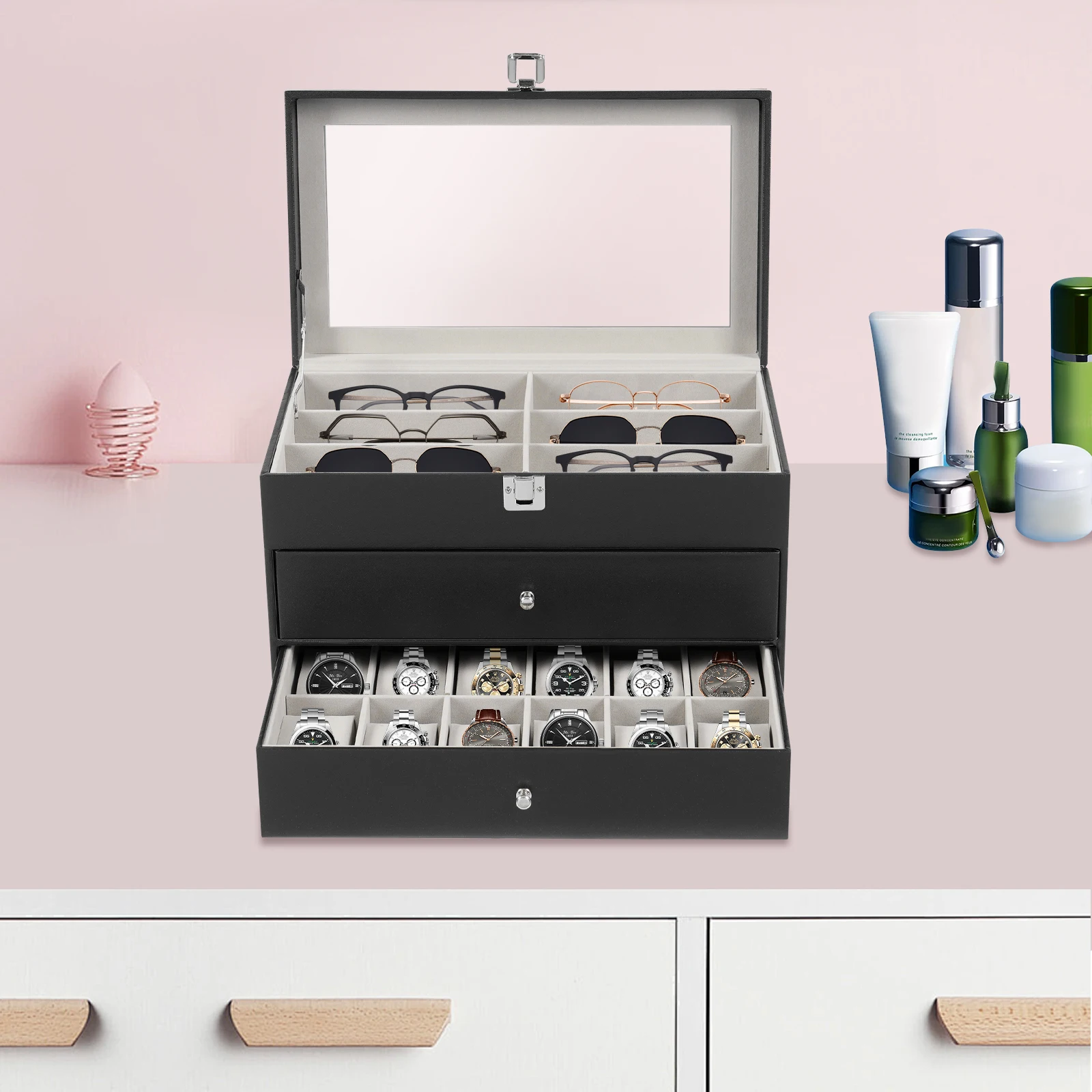 

24-Compartment Watch and Eyeglass Box: Elegant Storage and Display for Watches and Glasses, Ideal for Collectors