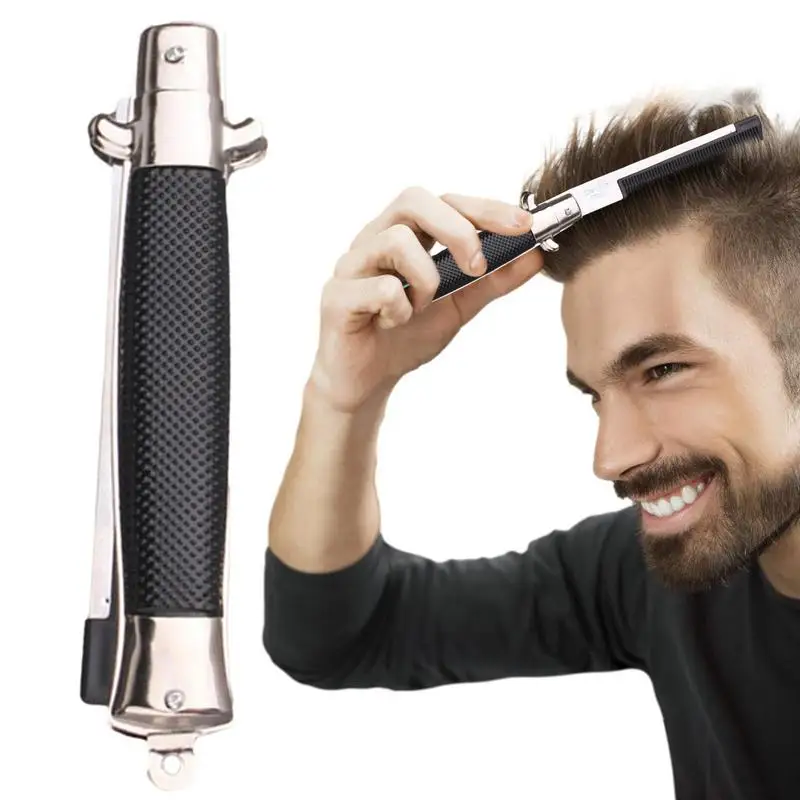 Man Styling Switch Blade Spring Pocket Portable Oil Hair Comb Folding Knife Looking Automatic Push Button Brush Comb Barber Toys