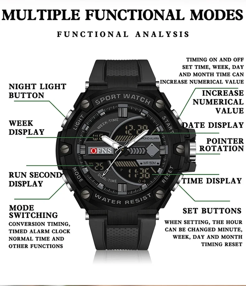 OFNS Brand 3185 Top Luxury Digital LED Watch Men's Military Sports Quartz Watch Waterproof Men's Electronic Clock