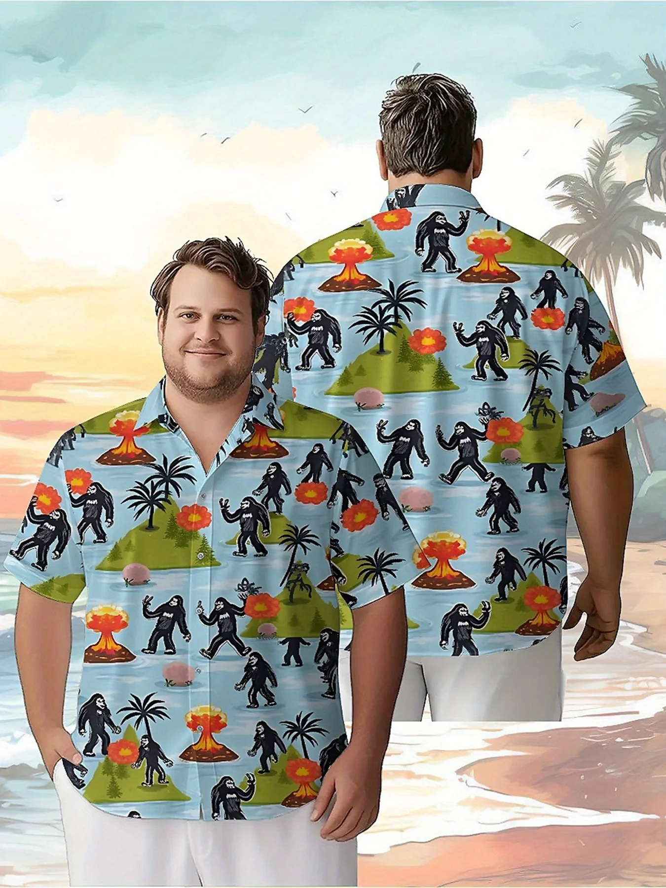 

Men's Plus Size Hawaiian Shirts Sasquatch on The Island pattern, Summer Casual Tops, Suitable for Outdoor and Party, Streetwear