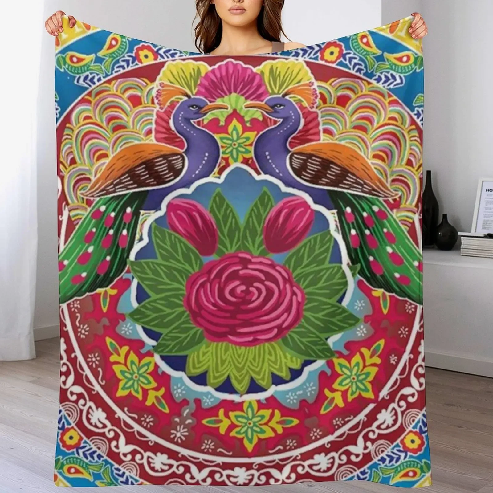 

2 Peacock (Mor) - Truck Art Unique Style - Pakintani Truck - Pakistani Local Truck Throw Blanket Anniversary gift for her