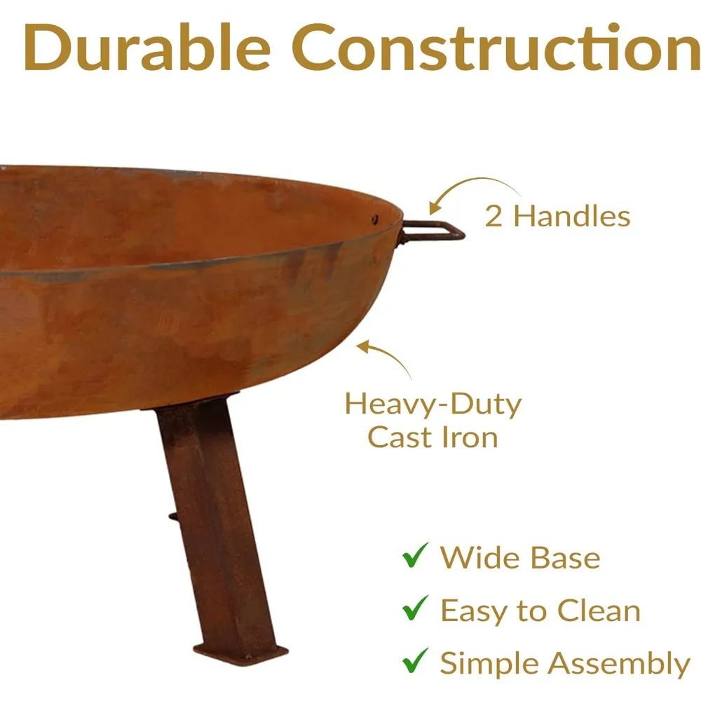 34-Inch Outdoor Cast Iron Fire Pit Bowl with Handles - Heavy-Duty Wood-Burning Fire Pit for Patio with Oxidized Finish