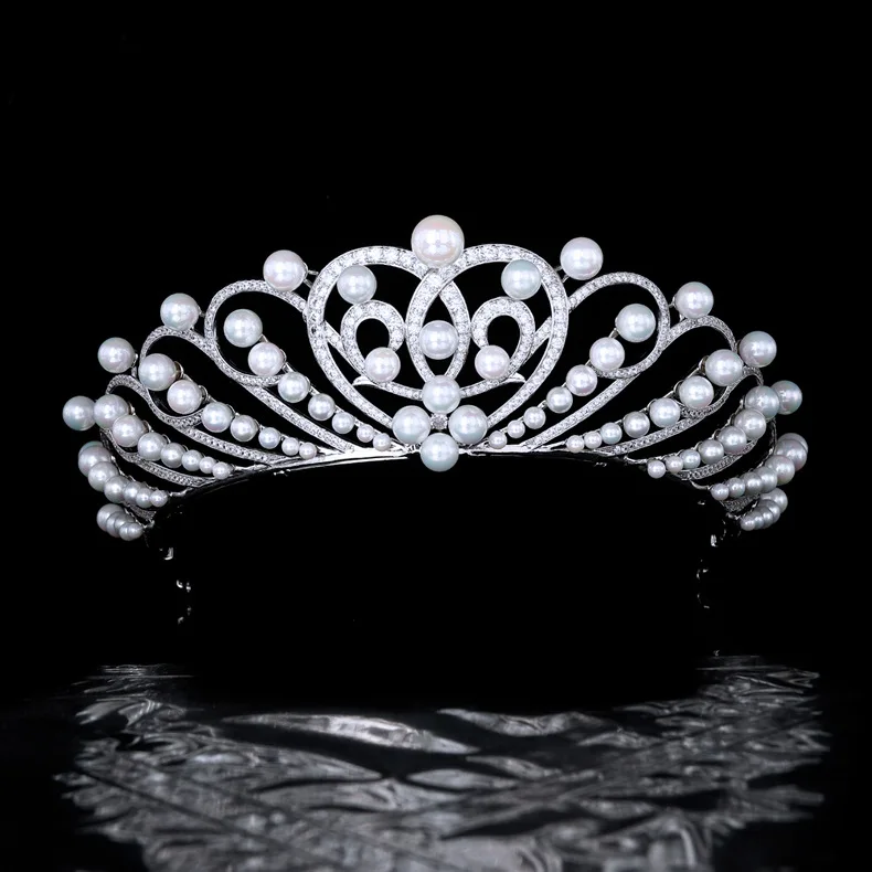 

High Quality Gorgeous Cubic Zirconia Pearl Bride Wedding Zircon Crown Wedding Headdress Accessories HT21003