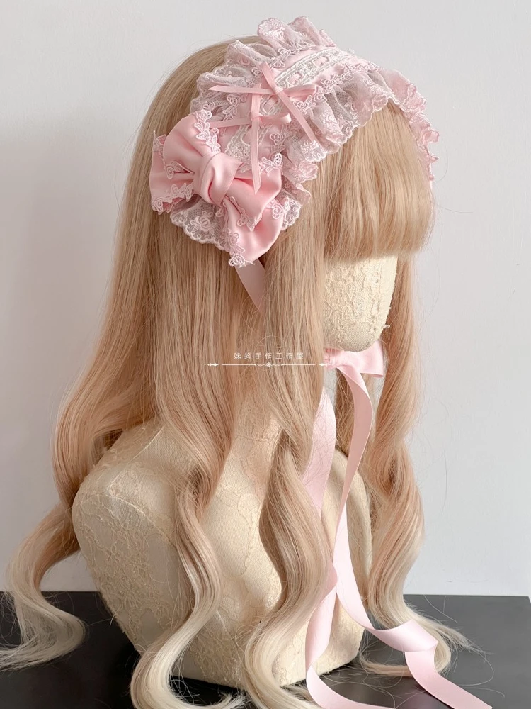 Original Lolita Handmade White Black Hair Accessories Headdress Pink Blue Hair Band Lace Bow Kc