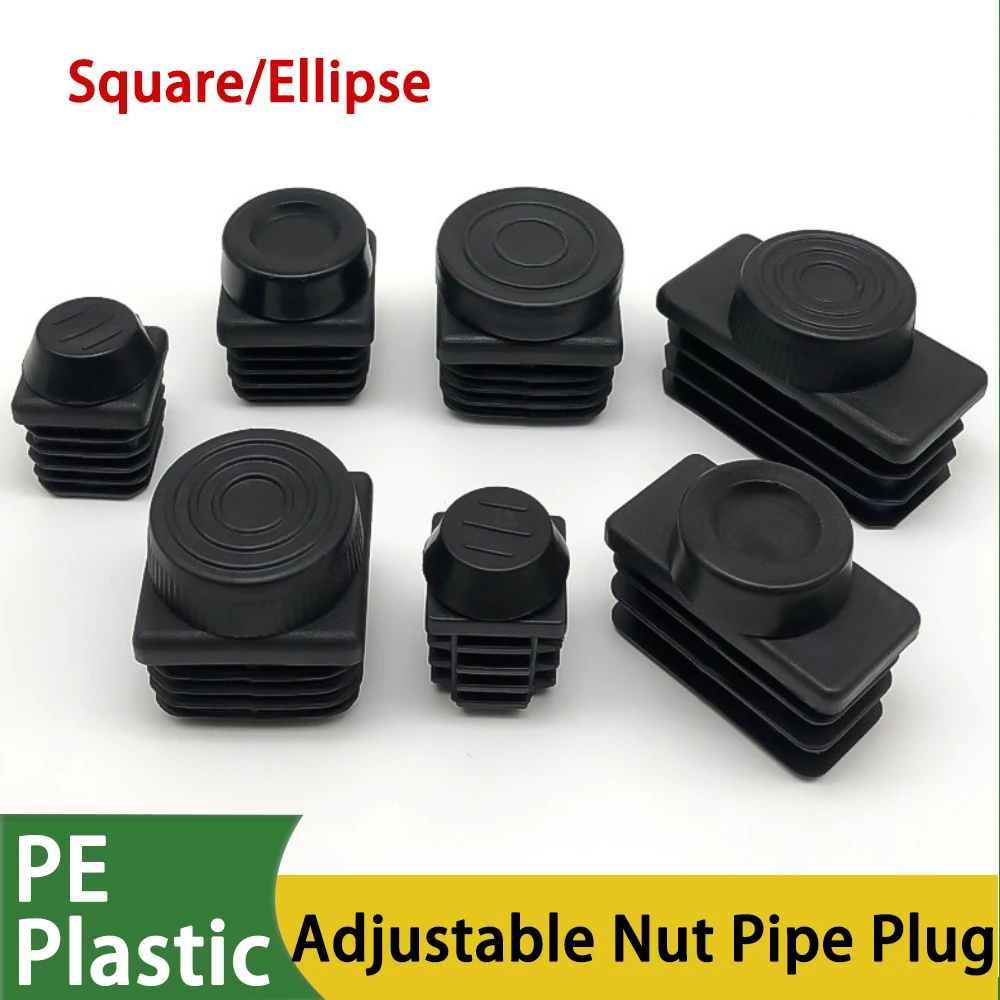 2-12Pcs 15x30-60x60mm M6-M12 Black Square/Ellipse Plastic Pipe Plugs Adjustable Screw Foot Pad Furniture Leg Cover End Caps