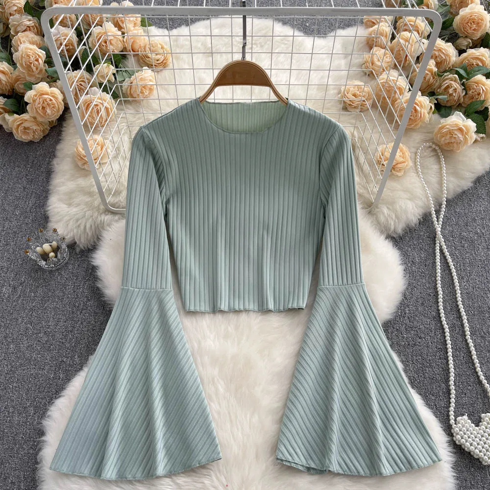 Chemisier plissé Chic à manches évasées, col rond, Slim, Sexy, chemise douce pour femmes, Streetwear, mode coréenne, haut court Y2k