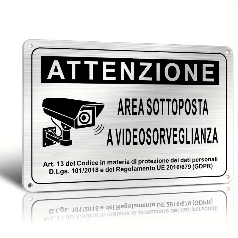 Italian Security Sign 20X30cm – Aluminum Video Surveillance Area Banner, Black & White Alert with Police Camera Ill