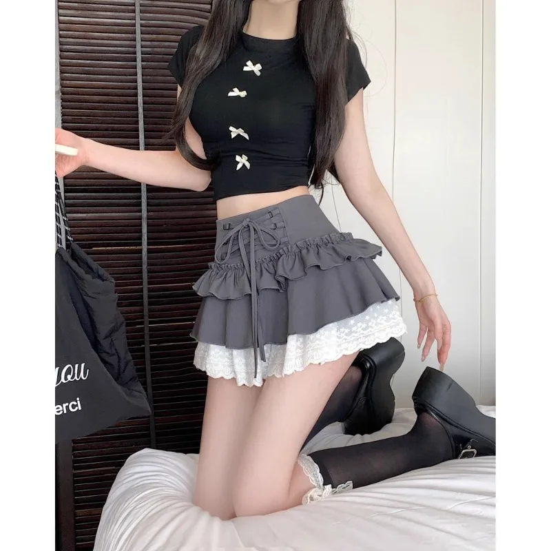 

Summer Y2k Mini Skirt Women Ggray Lace Up High Waist Spliced Ruffled A-line Cake Skirts Korean Sweet Slim Fit Faldas