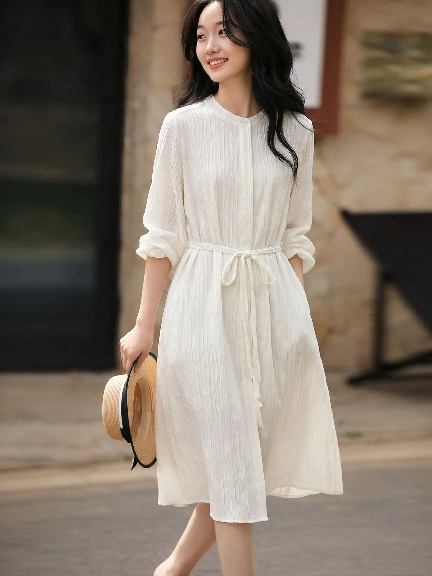 

Женское платье Chivirin с текстурной тканью, воротником-стойкой, рукавом 3/4 и поясом на талии, весенняя мода