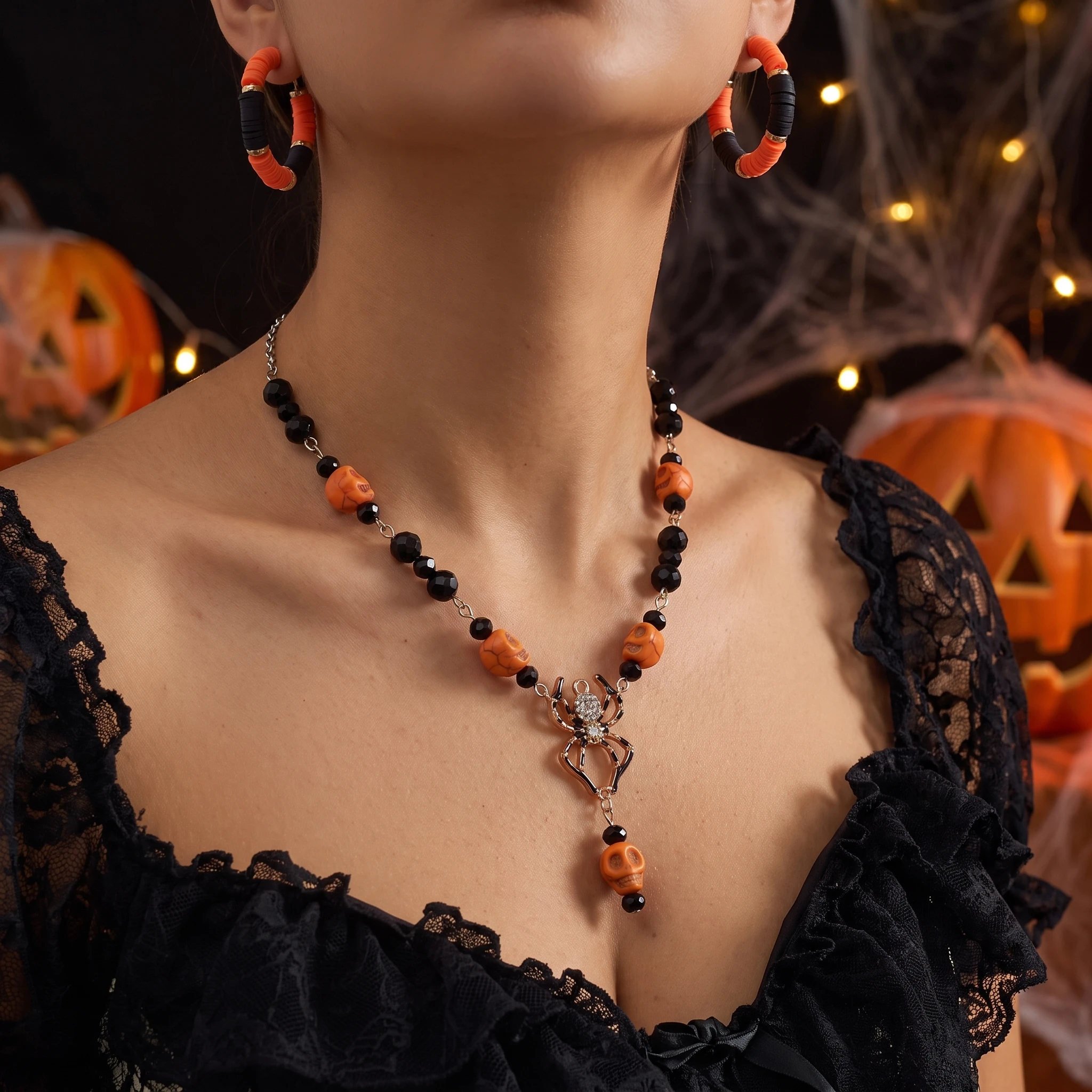 Niedliches Halloween-Emaille-Kürbis-Totenkopf-Halsketten- und Ohrring-Set für Damen, zarte Spinnen-Katzen-Creolen, Ketten-Feiertagsschmuck-Geschenk – Detail 4