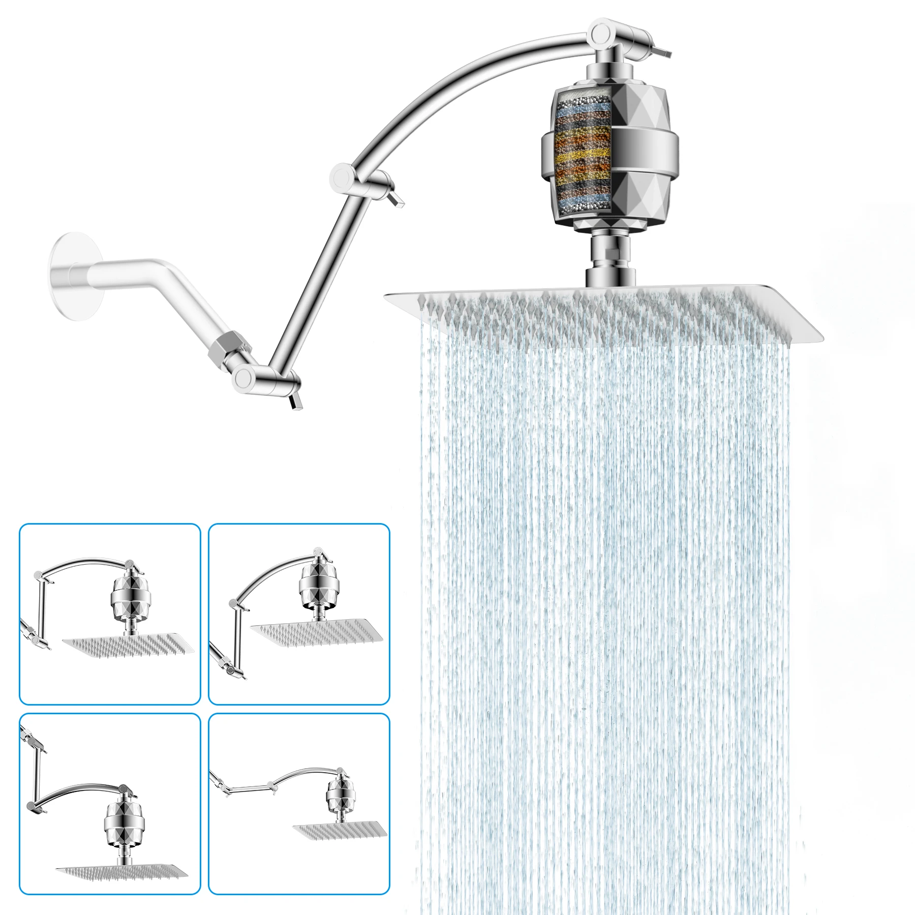 

Rain Filtered Shower Head, 10'' High Pressure Rainfall Showerhead with 16" Shower Head Extension Arm 20 Stage Shower Filter