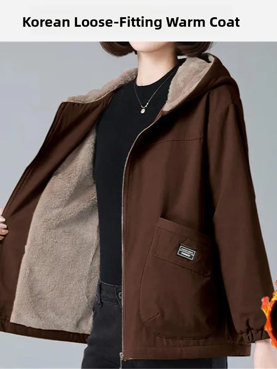 

Thickened Fleece Warm Outerwear Women's Autumn Winter New Style Korean Version Loose Size Large Cotton Coat with Hood