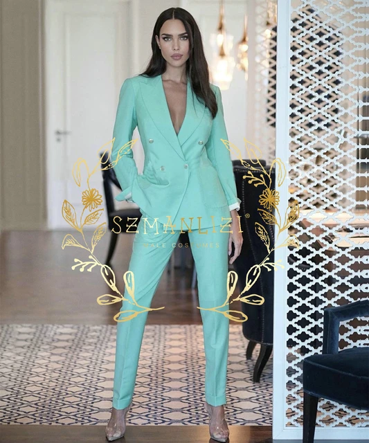 Women Suits 2 Piece Fashion Mint Green Blazer Pants Double Breasted Female Suit Office Work Professional ladies Wedding Slim Set Pant Suits AliExpress