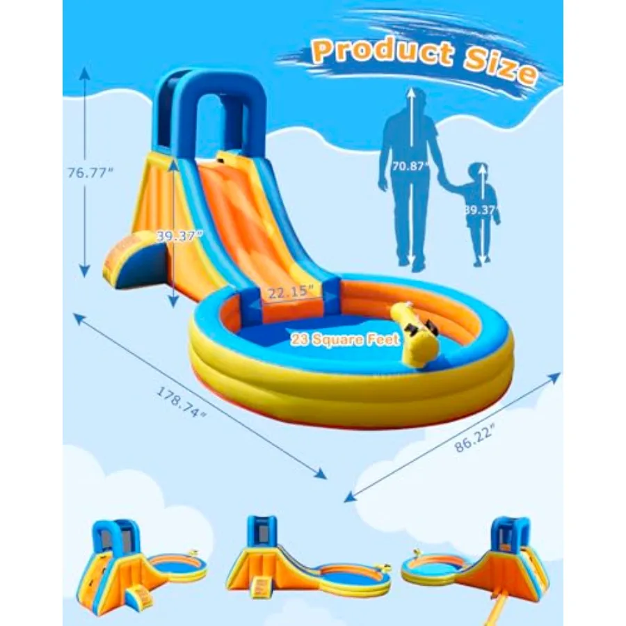 Inflatable Water Slide for 5-in-1 Blow Up Bounce House with Long Slide Climbing Wall Splash Pool Water Cannon Spray Spout Backy view 5