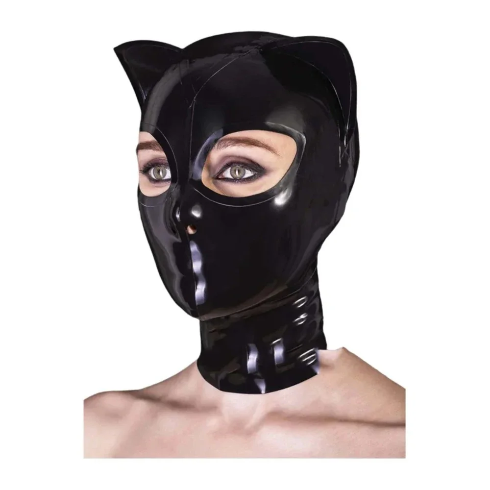 

Black Latex Hood with Cat Ears Back Zipper Open Eyes Nose Rubber Mask Cosplay Club Wear Costume Party Props
