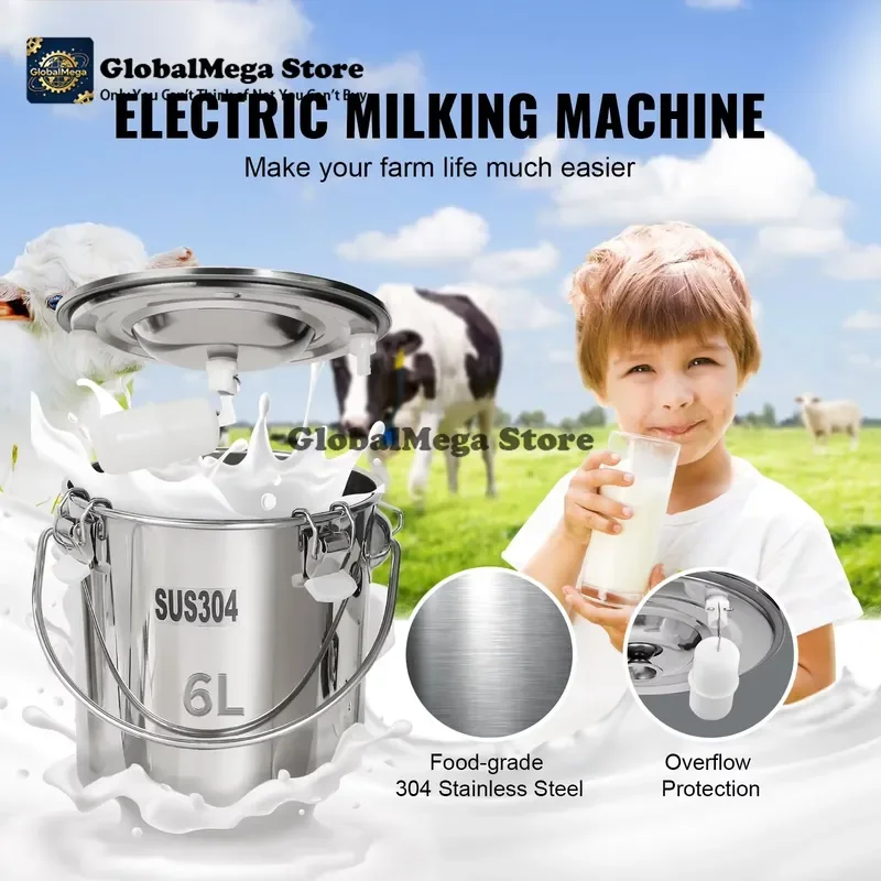 Goat Milking Machine Stainless Steel Bucket Electric Automatic Pulsation Cup Tubes Adjustable Suction for Cow and Sheep