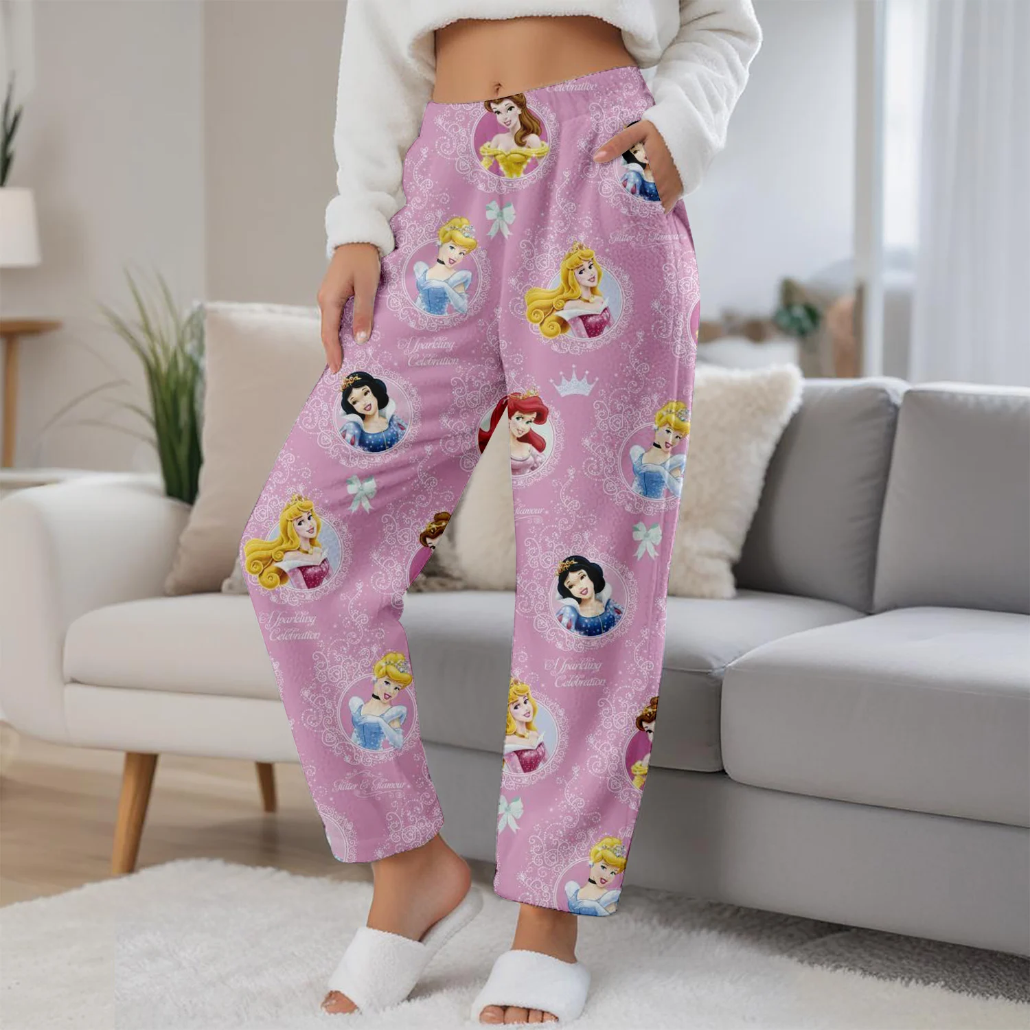 

25-26 MINISO детские теплые штаны для девочек, пижамные штаны Sanrio, свободные штаны принцессы, домашние милые повседневные флисовые штаны, одежда для родителей