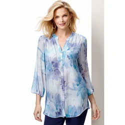 Plus Size Tops Botão De Impressão Floral Chiffon Azul Para Baixo Manga 3/4 Com Decote Em V Blusa Feminina