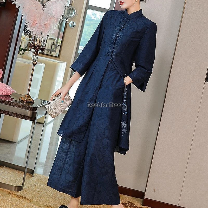 2026 new chinese retro national style female fashion suit half sleeve stand collar top elegant women daily embriodery set
