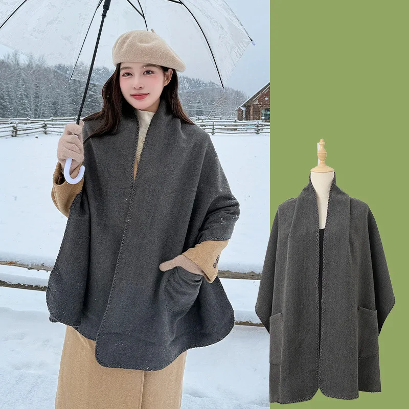 Korean Poncho solid color imitation cashmere shawl  women winter simple and versatile warm thick scarf cape Cloak 1