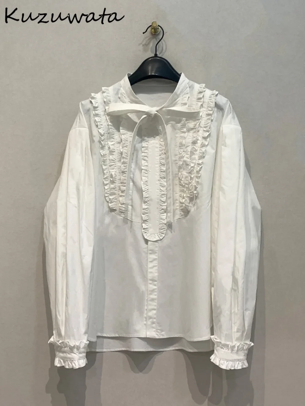 

Kuzuwata French Style Vintage Fungus All-match Shirt Loose Casual Slim Profile Lace Up Blouses Japan Moda Stand Collar Blusas