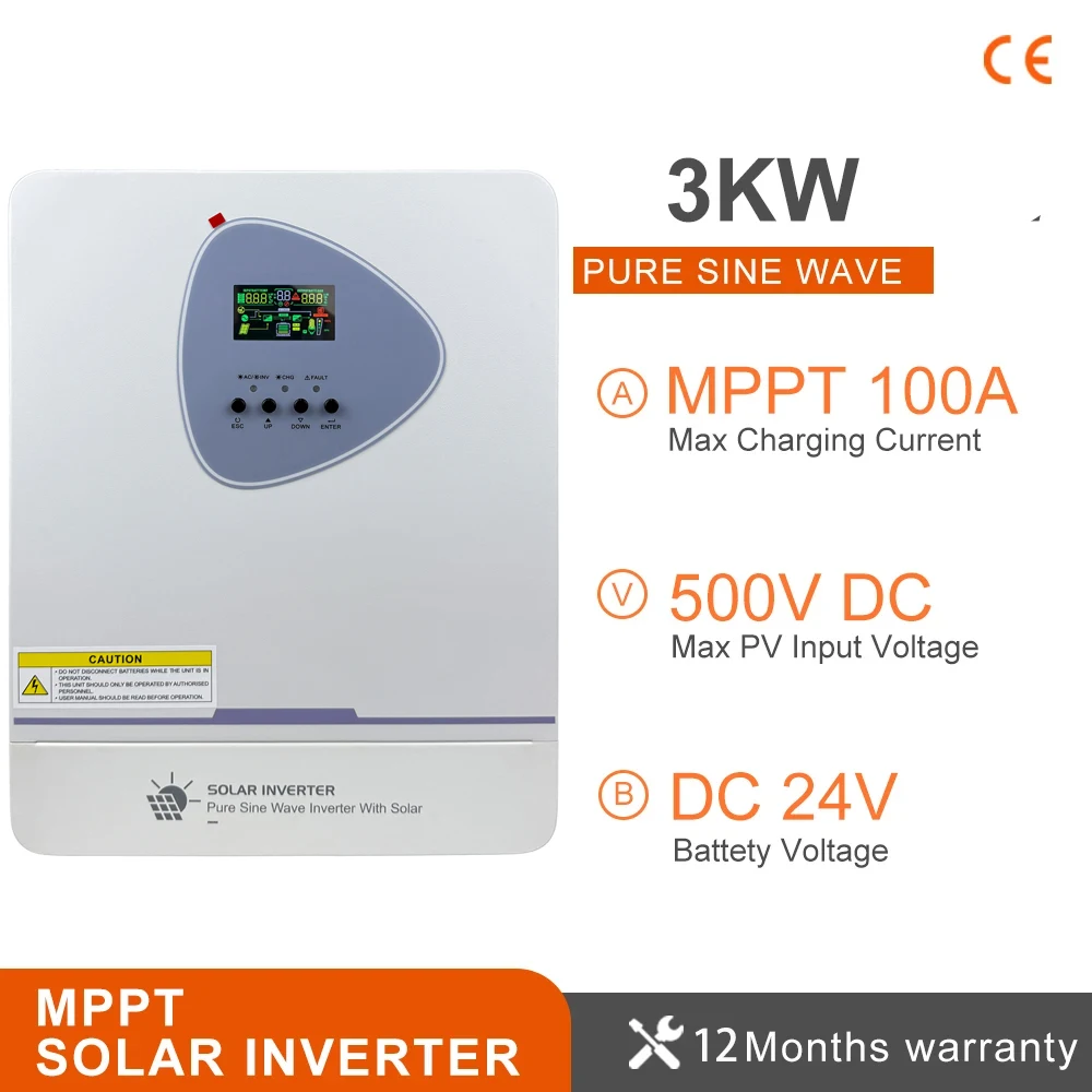 3000W MPPT Hybrid Solar Inverter 24VDC Pure Sine Wave 220VAC Max 500VDC Solar Panel Input With 100A MPPT Solar Charge Controller