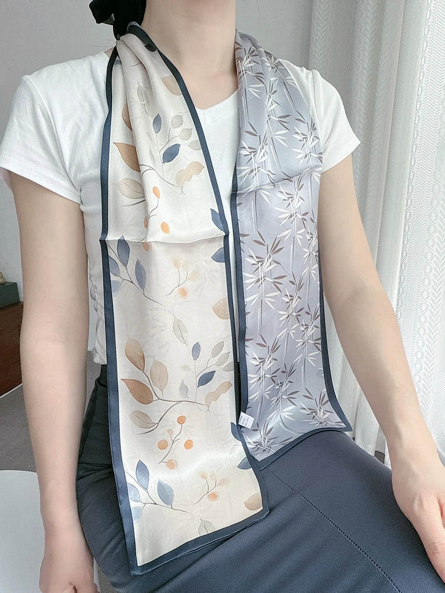 

Шарф из 100% тутового шелка для сумки, 150 см, шелковые шарфы и ленты, бамбуковые листья, принт, китайский стиль, узкий длинный атласный галстук