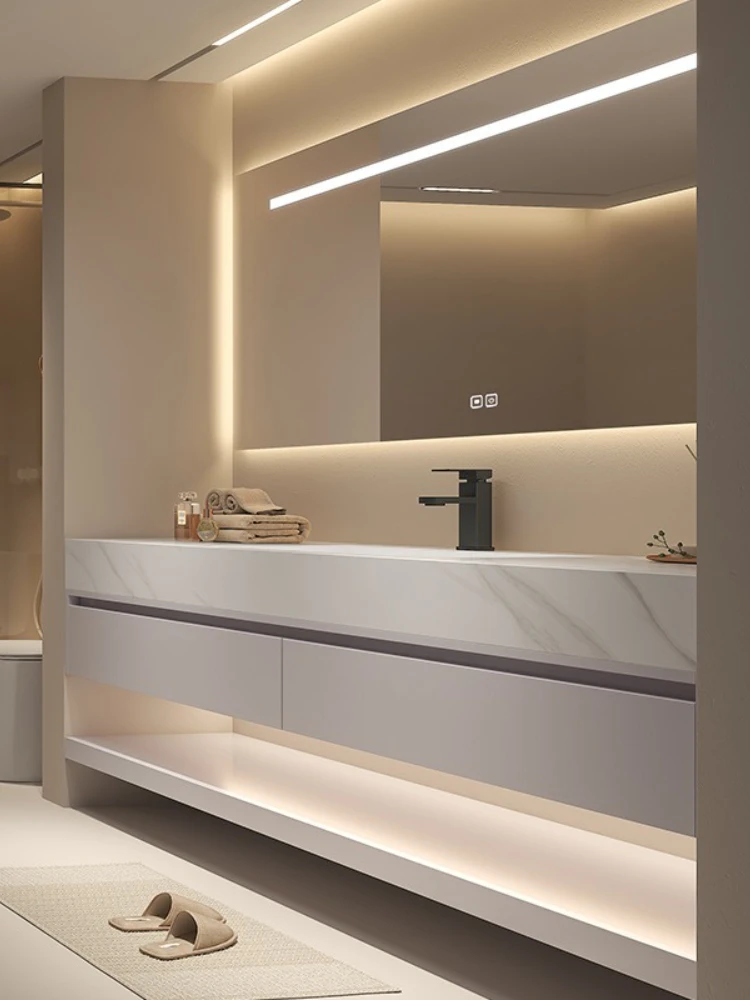 High-end rock slab smart bathroom cabinet bathroom solid wood bathroom cabinet combination washstand