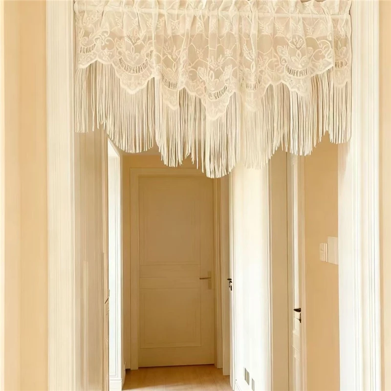 White Tassel Leaves Short Curtains for Living Room Elegant Hollow-out Lace Tulle Curtain Valance Door Curtains for Kitchen #A674