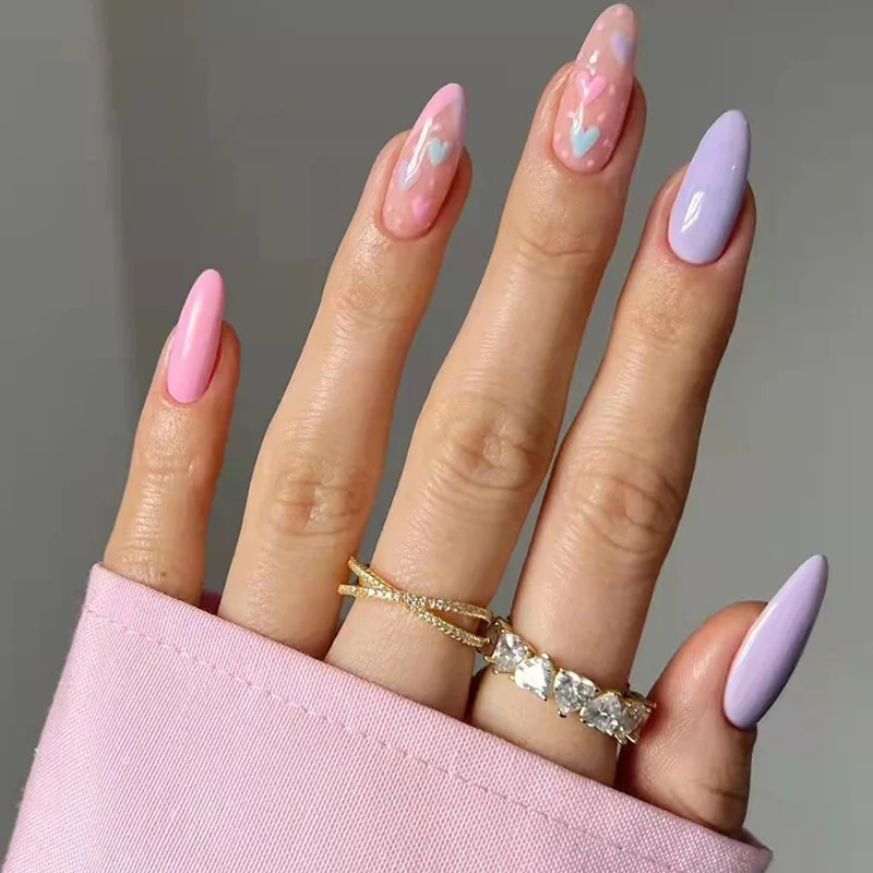 

24PCS Purple French Almond Fake Nails Pink Press On Nails With Love Design Artificial Decorated Wearable False Nails With Glue