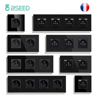 BSEED Französische Steckdose, Wandsteckdosen mit Typ-C-USB, 20 W AC-Ladeanschlüsse, USB-Steckdosen, Stecker, 16 A, Glasscheibe, schwarze Serie