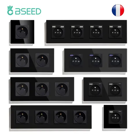 BSEED 프랑스어 소켓 벽 전원 소켓(Type-c USB 20W AC 충전 포트 포함) USB 콘센트 플러그 16A 유리 패널 블랙 시리즈