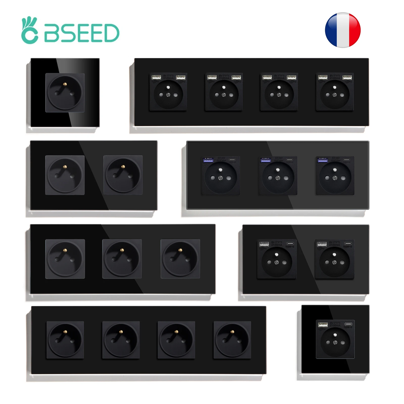 BSEED 프렌치 소켓 벽 전원 소켓, C타입 USB 20W AC 충전 포트, USB 콘센트 플러그, 16A 유리 패널 블랙 시리즈 