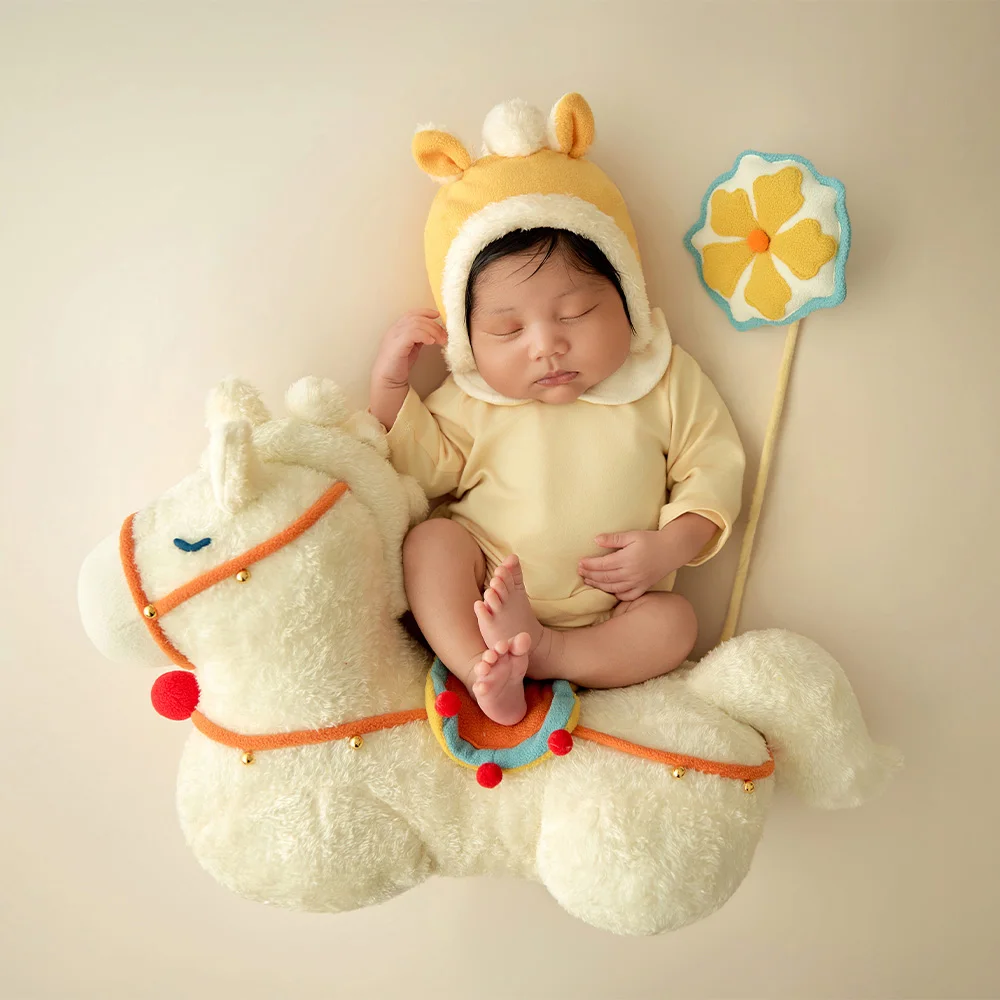 Soft Plush Horse Photography Props for Newborn Adorable Animal Themed Baby Horse Costume Studio Baby Milestone Photo Accessories